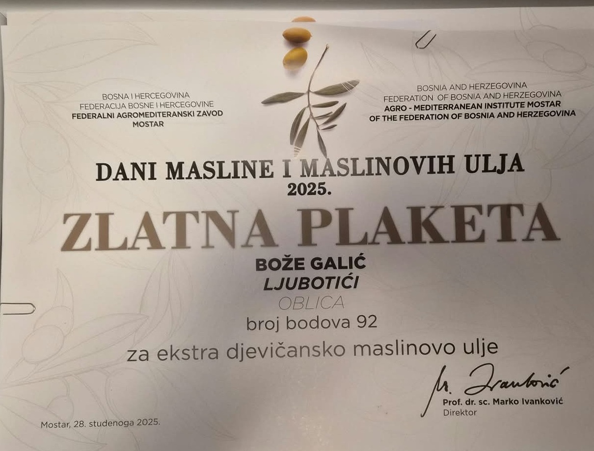 Zlatna Plaketa 2025. Maslinovo ulje Bože Galić