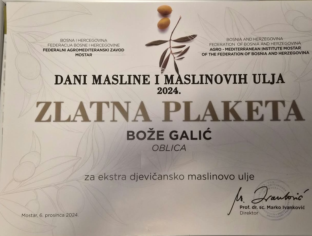 Zlatna Plaketa 2024. Maslinovo ulje Bože Galić