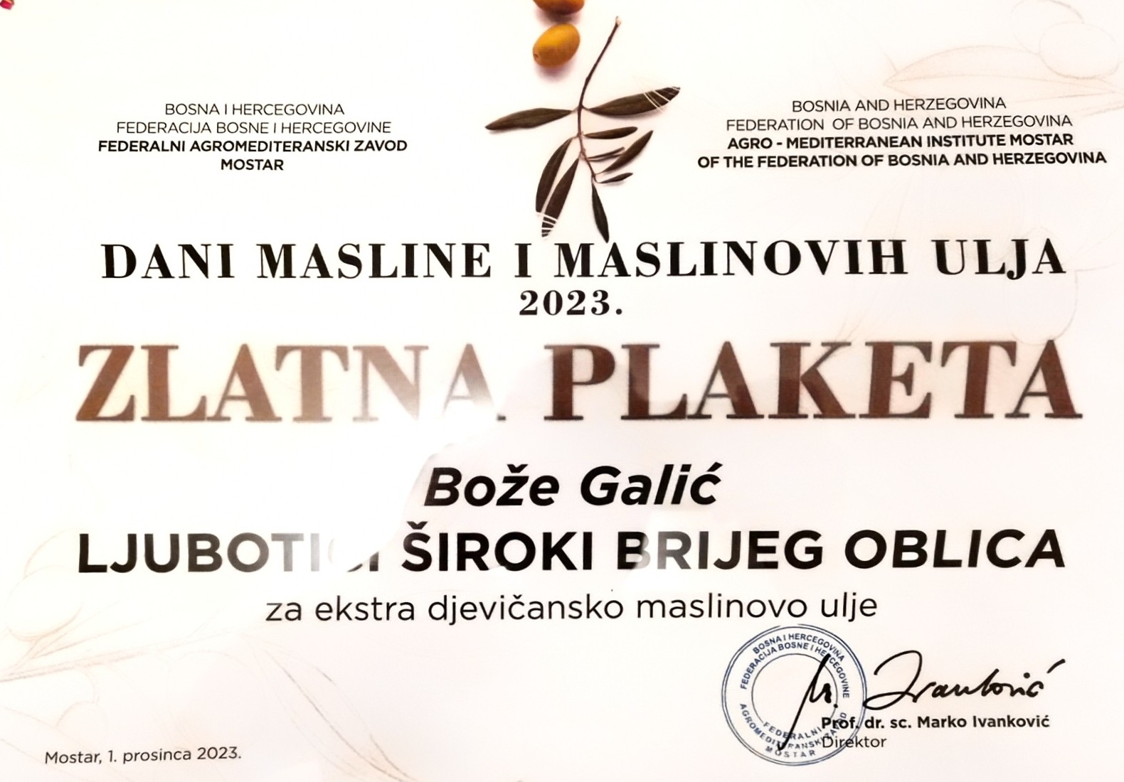 Zlatna Plaketa 2023. Maslinovo ulje Bože Galić